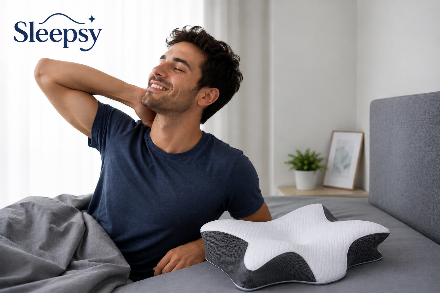 Man wordt uitgerust wakker naast het Sleepsy ergonomische kussen